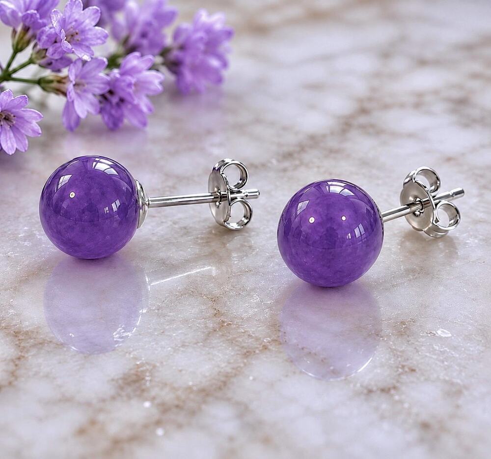 Purple Jade Sterling Silver Stud Earrings – 8mm Lavender Ball Gemstone Jewelry